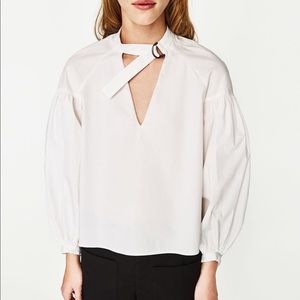 Zara White Blouse Puff Sleeve Top with Choker Neck